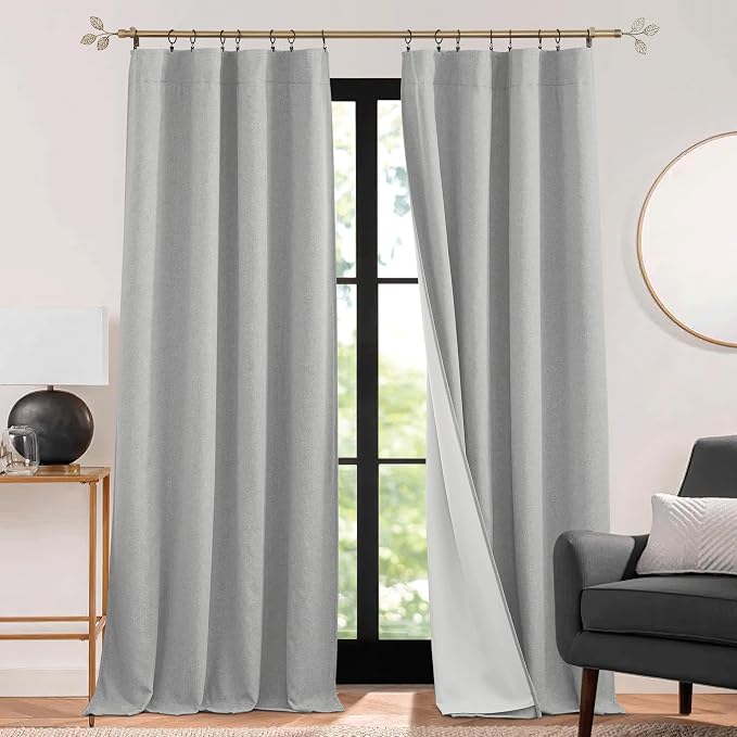 RYB HOME 3 in 1 Soundproof - Blackout - Insulation Linen Curtains, Noise Blocker Energy Saving Curtains for Bedroom Living Room Door Drapes Studio Home Office, Grey, W52 x L108 in, 2 Panels