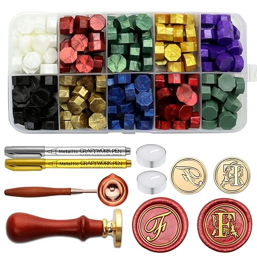 Letter Wax Seal Stamp Kit, Andotopee Wax Seal Kit Initial Alphabet F Sealing Wax Stamp Head 2pcs, Vintage Monogram Wax Stamp Seal Kit with 200pcs Assorted Wax Seal Beads, Wax Seal Spoon, Wax Seal Pen