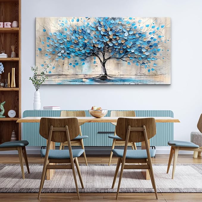 Lapremoly Textured Abstract Wall Pictures Artwork Large Wall Decor For Living Room Framed Canvas Wall Art For Bedroom Office Decor Blue Tree Paintings Panoramic Landscape Prints Home Decor 48"X24"