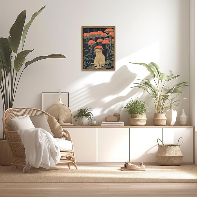 Framed Vintage Cat Wall Art, Whimsical White Cat with Mushroom Hat in Forest Canvas Print, Fantasy Quirky Woodland Animal Painting, Funny Retro Wall Decor for Living Room Bedroom Study 12x16in