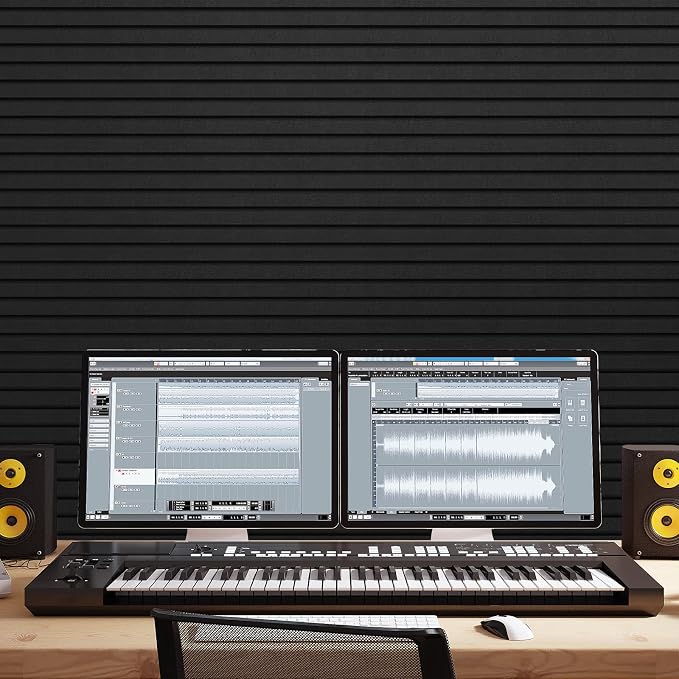 TONOR 12-Pack Bilayer Acoustic Panels Large Self-Adhesive, 47.2” * 23.6” * 0.72” Adhesive Wall Panel, Large Soundproof Tiles for Echo Absorbtion, Acoustical Barrier of Polyester Fiber, Black