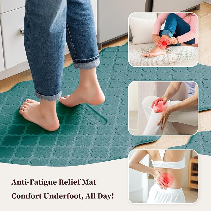 Arenarug Upgrade Scalloped Embossed Kitchen Mats for Floor 2PCS Cushioned Anti Fatigue Waterproof Foam Kitchen Rugs Non Slip Washable Comfort Standing Mat for Sink Laundry, Spruce Green