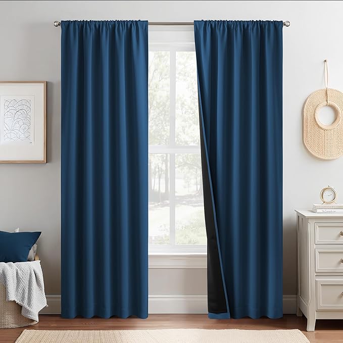 NICETOWN Moroccan Blue 100% Blackout Curtain Panels, 2 Pieces of 52x84 Inch Rod Pocket Window Drapes with Black Liner for Bedroom, Energy Smart & Noise Blocking Out Drapes for Baby Room