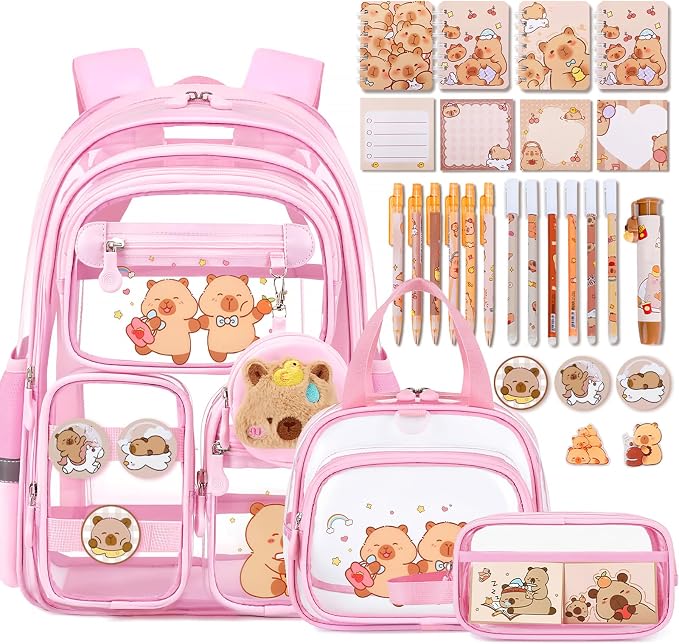 Capybara Theme Clear Backpack, 28Pcs School Supplies Stationery Transparent Backpack Set with Lunch Box Pencil Case Pens Notebooks for Kids Girls Elementary Middle School Stadium Approved
