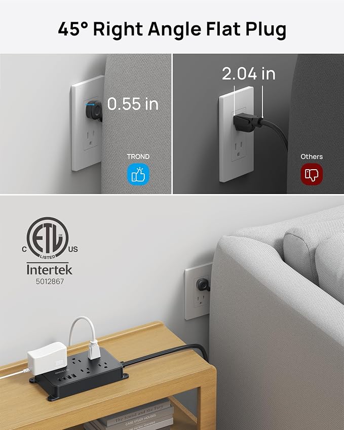 TROND Surge Protector Power Strip with USB, 10ft Extension Cord, ETL Listed, 5 Widely-Spaced Outlets with 4 USB Ports, 1300J, Low-Profile Flat Plug, Wall Mountable, 14AWG Heavy Duty, Black