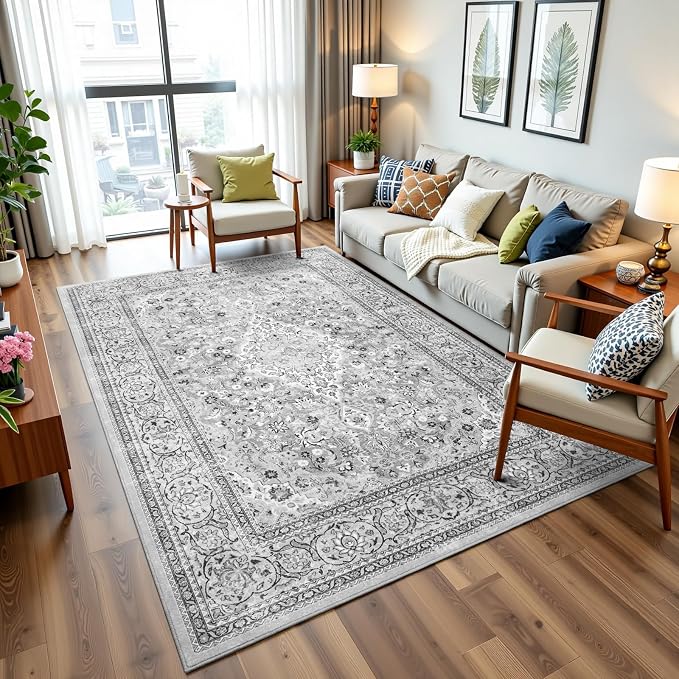 Grey Washable Boho Area Rug, 6x9 Vintage Floral Non Slip Rugs for Living Room Bedroom, Soft Low Pile Indoor Mat, Aesthetic Pattern Carpet for Kitchen and Dining Room