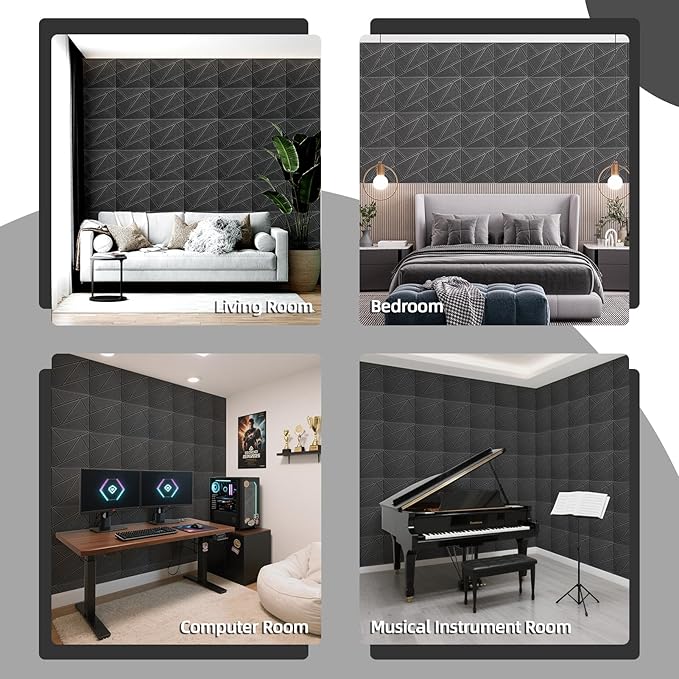 Art3dwallpanels 18 Pack Acoustic Panels 12" X 12" Soundproof Wall Panels Sound Dampening, 3D Self Adhesive Wall Decor Peel and Stick Absorbing Panels, Black