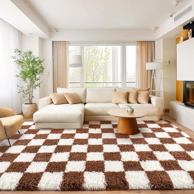 Area Rugs for Living Room 9x12, Ultra Fluffy Shag Checkered Rug Modern Washable Carpet Soft Shaggy Non Slip Indoor Plush Fuzzy Rugs for Bedroom Dorm Office Home Aesthetic Decor, Cream and Coffee