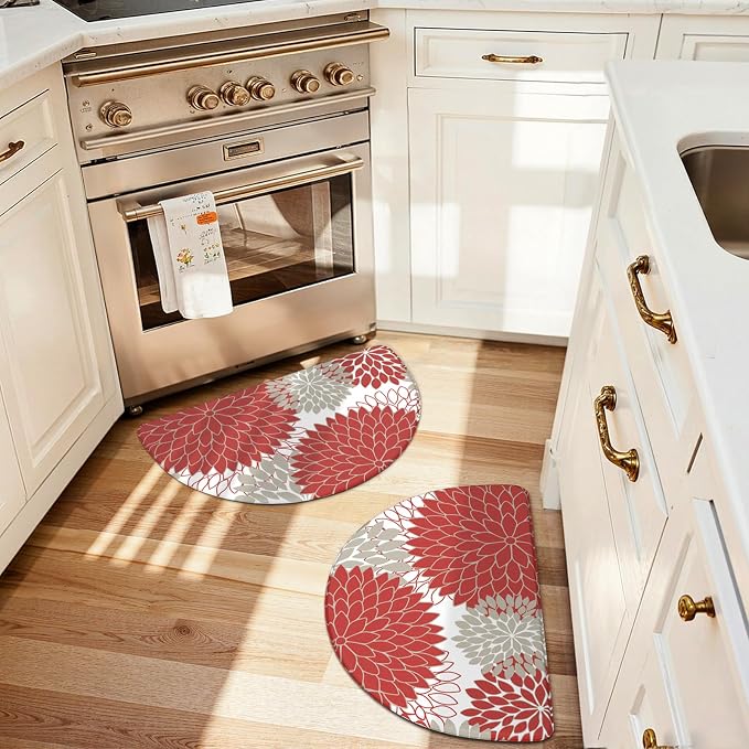 KIMODE Half Circle Kitchen Mats for Floor Cushioned Anti Fatigue 2PCS Semi | 28"x18"+28"x18",Half Round,Red,Boho Kitchen Rug Sets of 2,Non Slip,Waterproof,Padded Kitchen Carpet Decor for Sink Laundry