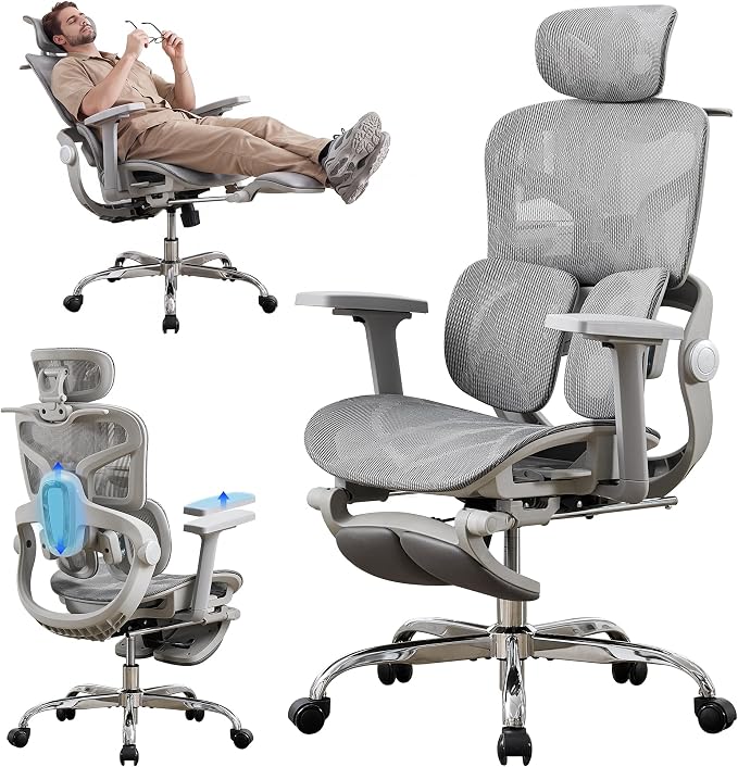 Ergonomic Mesh Office Chair with 2-Zone Lumbar Support and Footrest,Grey | Big and Tall, 400LBS, Adjustable Seat Depth, 4D Headrest, 4D Armrests Swivel Executive Chair for Home Office
