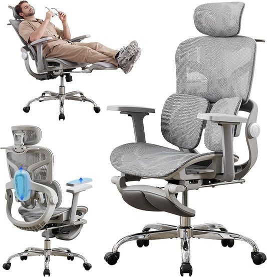 Ergonomic Mesh Office Chair with 2-Zone Lumbar Support and Footrest,Grey | Big and Tall, 400LBS, Adjustable Seat Depth, 4D Headrest, 4D Armrests Swivel Executive Chair for Home Office
