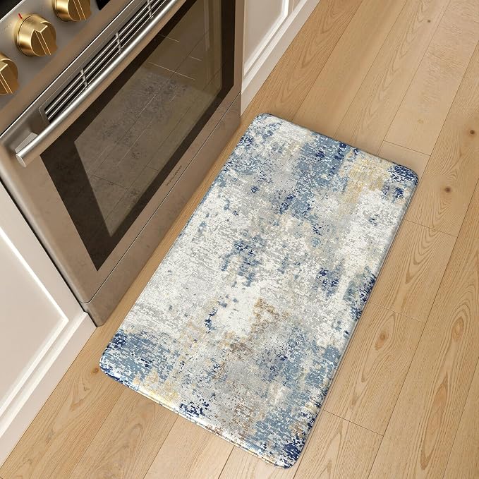 LEEVAN Anti Fatigue Kitchen Mats for Floor, Non-Slip Cushioned Kitchen Rugs | 20"x31", Modern Abstract Blue Thick Memory Foam Kitchen Rugs, Waterproof Ergonomic Standing Mats for Laundry, Office & Sink