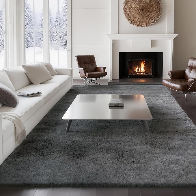Ultra Soft Shag 8x10 Gray Area Rug – 8x10 Rugs for Living Room, Non-Slip, Fluffy Plush Large Carpet, Shaggy Furry Rug for Bedroom, Dorm, Kids and Girls Room, Nursery, Home Office Décor
