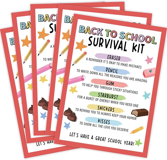 30 PCS Back to School Survival Kit,3.5x5 Inch Teacher Gift Insert Cards for Students,Back To School Student Treat Tags,First Day of School Classroom Welcome Supplies-BTSC03
