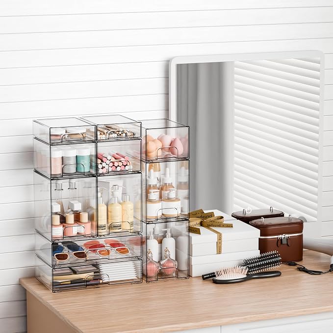 8 Pack Small Clear Stackable Storage Drawers,2.2'' Tall Desk Organization and Storage,Plastic Office Supply Organizer,Acrylic Storage Containers for Makeup,Hair Clip,Accessory,Pen,Art Crafts