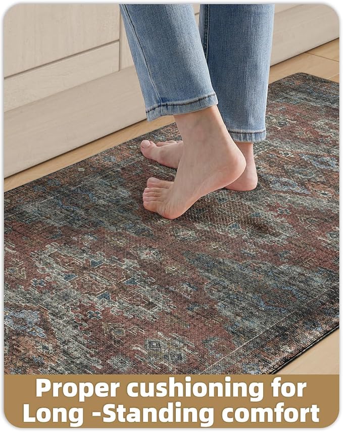 Color&Geometry Kitchen Floor Mat 24x59 Faded Boho Anti Fatigue,Dark Red | 0.4in Cushion Standing Mat For Cooking/Working/Laundry, Boho Decor, Non Slip PVC Kitchen Rug, Oil/Water Proof, Anti Slip