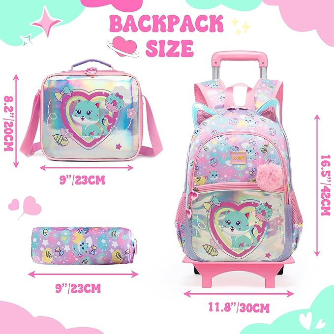 Rolling Backpack for Kids Girls Rolling Backpack for School Roller Backpacks for Girls 8-12 Cute Schoolbag Backpacks with Wheels for Kids with Lunch Box Back to School Supplies