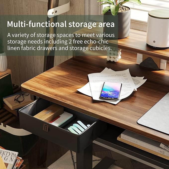 FEZIBO 63"x49" L Shaped Standing Desk with LED Strip & 2 Drawers, Upper and Lower Storage Shelves Available, Electric Height Adjustable, for Gaming, Office, Black Walnut