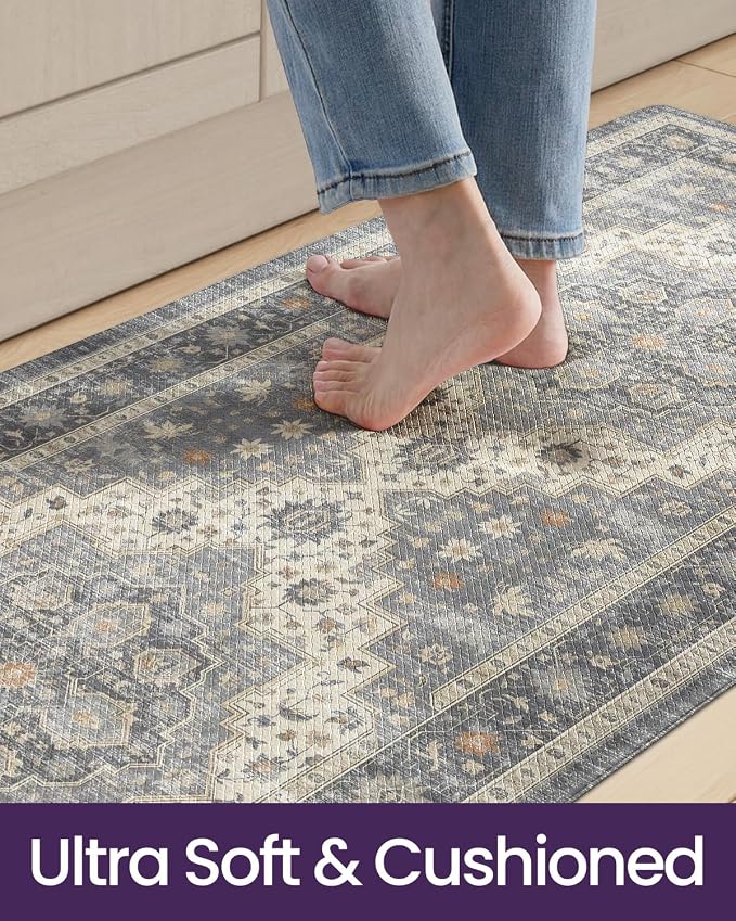 DEXI Kitchen Floor Mats Anti Fatigue, 23x86 Large Long Cushioned Vintage Runner Rug Waterproof, Standing Comfort Memory Foam Padded for Front Sink Laundry Office, Pale Grey