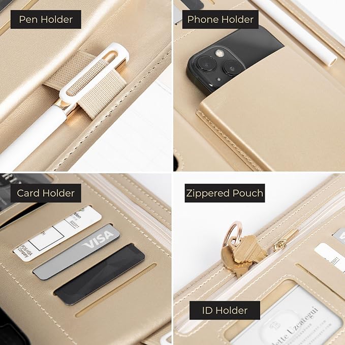 BLU MONACO | Peach Beige Vegan Leather Padfolio | Professional Portfolio Binder with Magnetic Closure and Gold Trim | 8.5 x 11 Business Organizer Case for Women