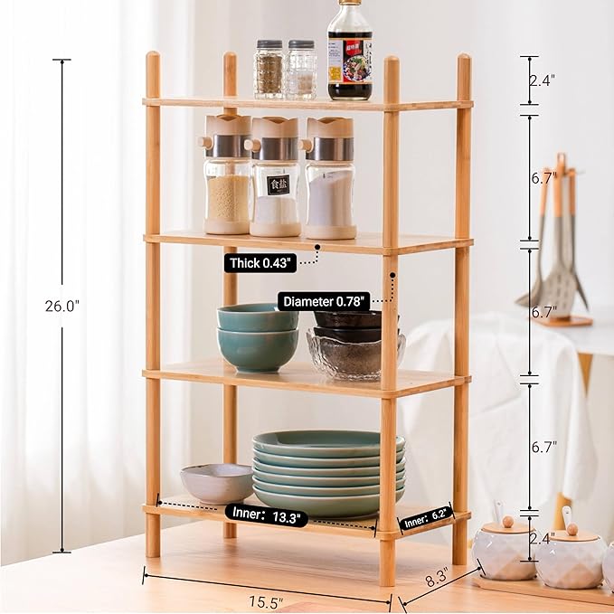 4-Tier Bamboo Rack | Tool-Free Expandable (2-6 Tiers) | Kitchen Spice Organizer & Office Breakroom Snack/Cup Storage (Nature, 15.6" W(4 Tier))