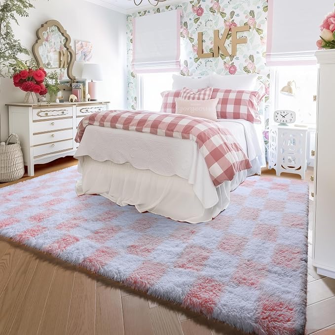 KICMOR 5x8 Area Rugs for Living Room, Light Pink and White Fluffy Shag Large Fuzzy Plush Soft Bedroom Carpets, Indoor Floor Shaggy Checkered Rug for Kids Baby Girls Room Playroom Nursery Home Decor