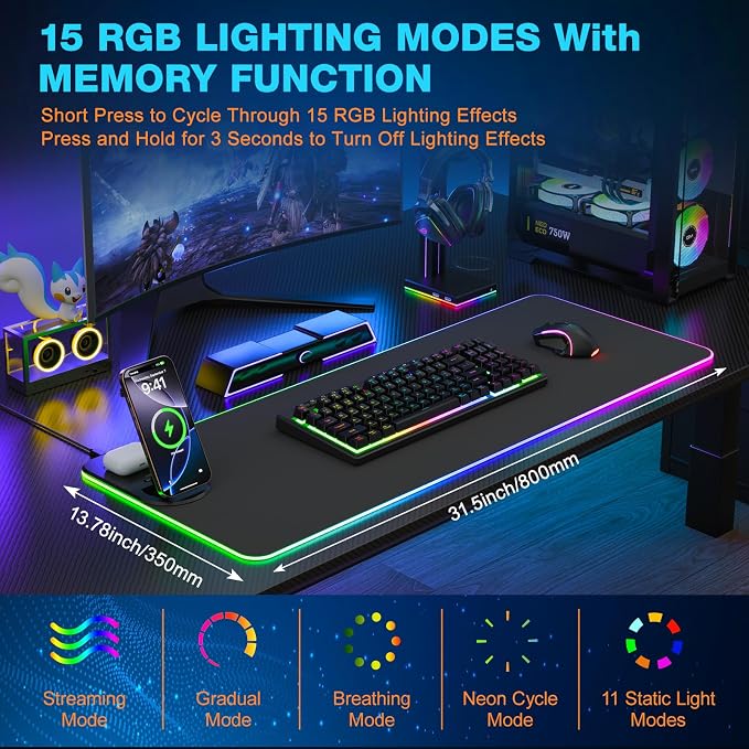 Gaming Mouse Pad Wireless Charging - Desk Mat Magnetic Foldable Phone Stand 15W Fast Charge, RGB Extended Large Keyboard Mousepad - PC Laptop Desk Pad for Work Game (Adapter Not Included)