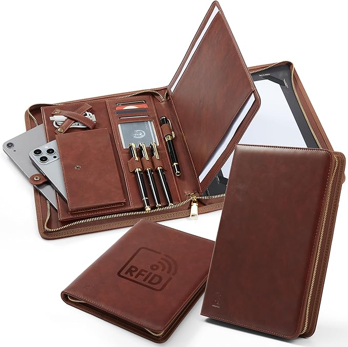 Leather Portfolio with Anti-RFID Protection, Business Portfolio with Zipper, Padfolio, Leather Portfolio for Men and Women, Vegan Leather Folder, Anti-Scam Technology Embedded, Business Impression