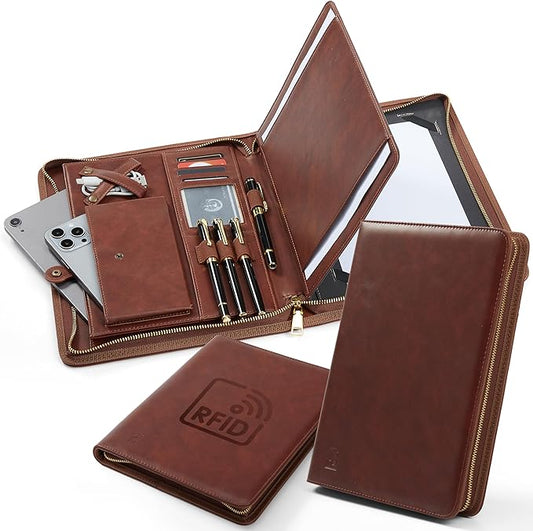Leather Portfolio with Anti-RFID Protection, Business Portfolio with Zipper, Padfolio, Leather Portfolio for Men and Women, Vegan Leather Folder, Anti-Scam Technology Embedded, Business Impression