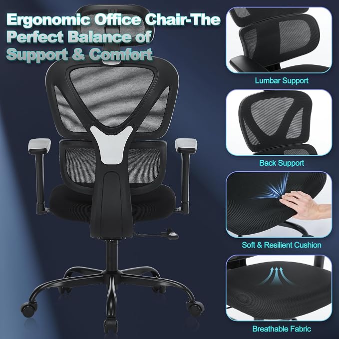 MALOL Ergonomic Office Chair with Adjustable Headrest & 3D Armrests, High Back Mesh Desk Chair with Lumbar Support, Reclining Lock 97°-125°, Swivel Computer Task Chair for Home Office, 300 LBS