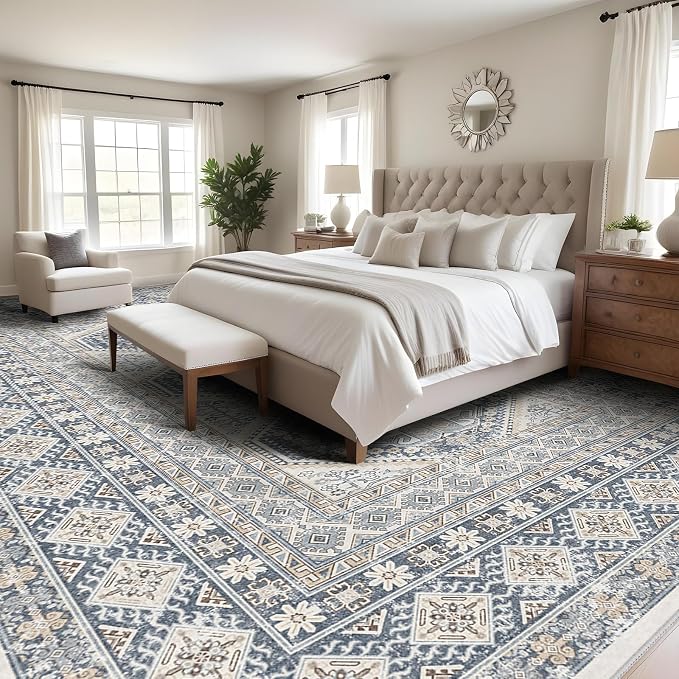 10x14 Area Rug for Living Room: Vintage Oriental Washable Rug for Bedroom Dining Room with Non Slip Rubber Backing Stain Resistant Low Pile Large Carpet Home Office (Blue, 10x14)