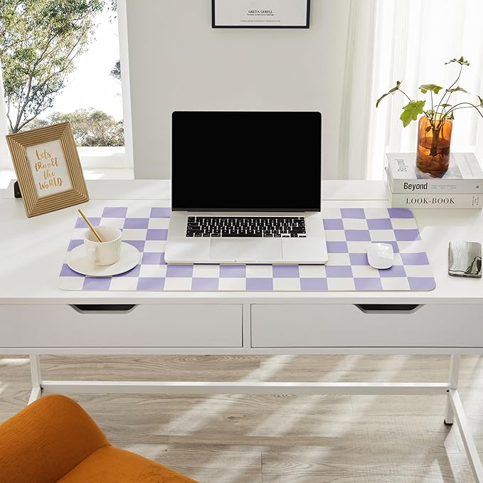 Checkered Desk Mat, 31.5" x 15.7" Large Cute Purple Aesthetic Retro Girl Women Accessories, PU Leather Computer Laptop Mat Mouse Keyboard Pad, Desk Writing Makeup Mat for Vanity/Work/Home Decor