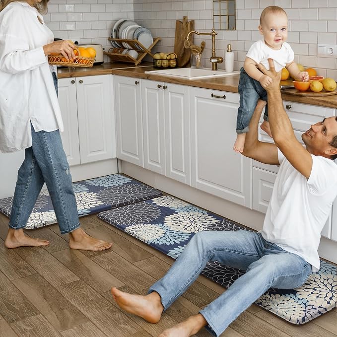 KIMODE Anti Fatigue Kitchen Mats 2PCS Kitchen Mat for Floor Cushioned | Dahlia Boho, Kitchen Rugs Non Slip Rubber Backing Farmhouse Waterproof Standing Mat for Kitchen Sink Desk Mutil-Blue
