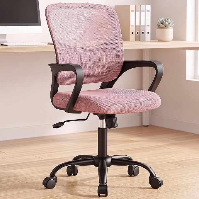 OLIXIS Ergonomic Office Desk Chair, Executive Mid-Back Computer Chair with Comfortable Lumbar Support & Rocking Mode, Height Adjustable with Fixed Armrest, 360° Swivel, for Adults, Pink