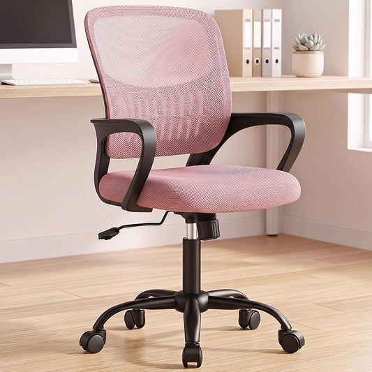 OLIXIS Ergonomic Office Desk Chair, Executive Mid-Back Computer Chair with Comfortable Lumbar Support & Rocking Mode, Height Adjustable with Fixed Armrest, 360° Swivel, for Adults, Pink