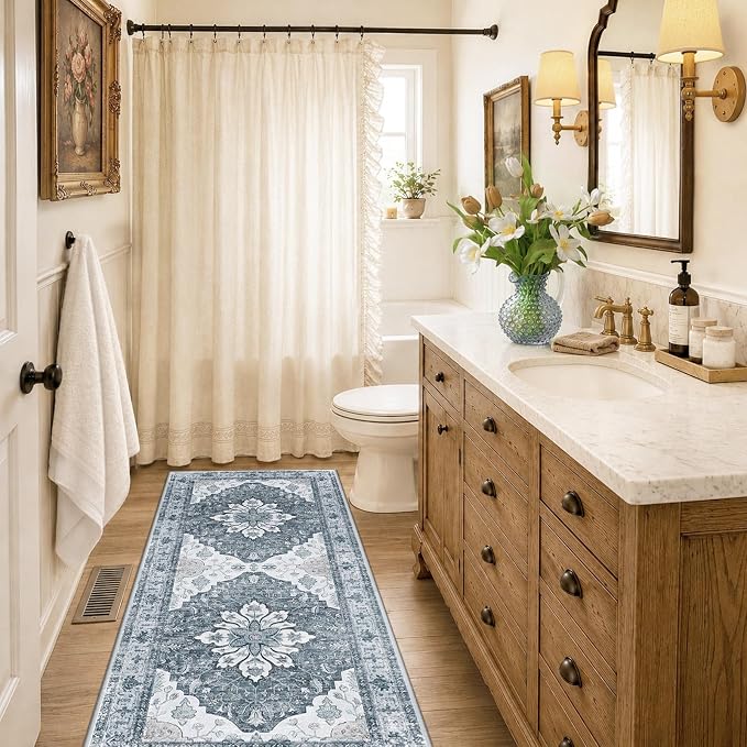RELEANY Area Rugs Runner 2'x6' Washable Non-Slip, Floral Vintage Distress Medallion Carpet for Kitchen Hallway Bedroom Beside Laundry Room Bathroom, Light Gray Grey White