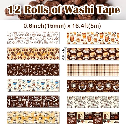 12 Rolls Coffee Washi Tape Set, Vintage Coffee Decorative Tapes, Retro Brown Watercolor Cafe Masking Tape for Journaling, Scrapbooking, Planner, DIY Arts Crafts Supplies, Gift Wrapping 16.4FT