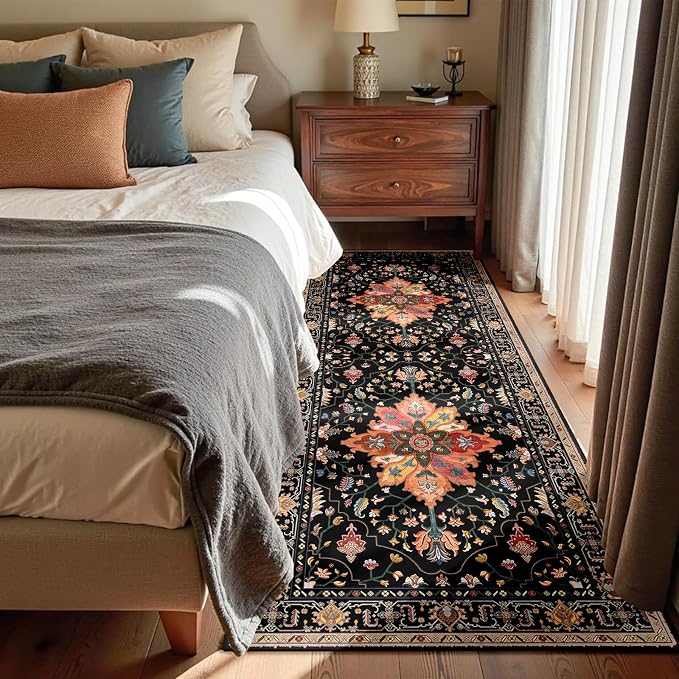 RELEANY Area Rugs Runner 3'x7' Washable Non-Slip, Floral Vintage Distress Medallion Carpet for Kitchen Hallway Bedroom Beside Laundry Room Bathroom, Black Colorful Floral Dark Tan