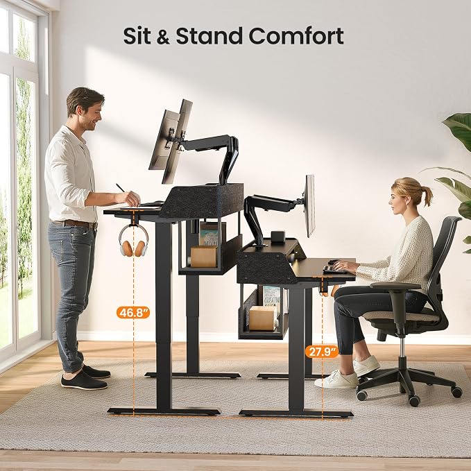 ErGear Electric Standing Desk, 48x24 Inch Adjustable Sit Stand Desk with Bookshelf & Monitor Stand, Standing Gaming Desk with LED Light Strip, Stand Up Desk for Home Office, Black | Raised Monitor Stand, 27.9–46.9 Inch Height Range, 4 Memory Presets, 1...
