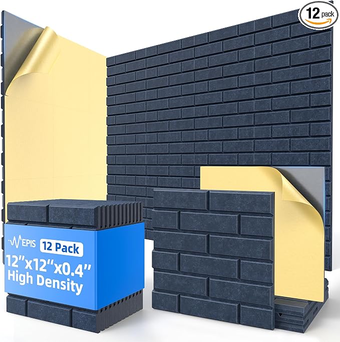 12 Pack Acoustic Panels with Self Adhesive, 12" X 12" X 0.4" High Density Sound Proof Foam Panels for Walls, Soundproof Wall Panel, Brick Sound Absorbing Panel for Home Studio Office Decor Navy Blue
