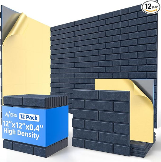 12 Pack Acoustic Panels with Self Adhesive, 12" X 12" X 0.4" High Density Sound Proof Foam Panels for Walls, Soundproof Wall Panel, Brick Sound Absorbing Panel for Home Studio Office Decor Navy Blue
