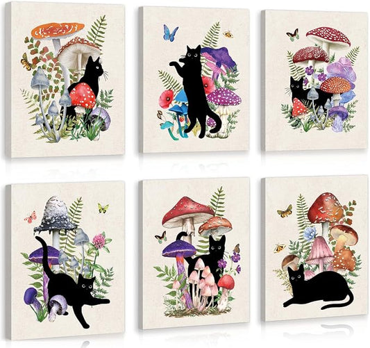 CHDITB Black Cat Canvas Wall Art, Vintage mushroom and cat Wall Decor, Nature Artwork Fantasy Fungus Feline Poster Retro Aesthetic Art Prints For Cats Lover Living Room Bedroom Decor (8X10 Inch)