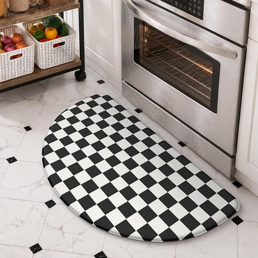 KIMODE Anti Fatigue Kitchen Mats for Floor,18"x 28" Farmhouse Kitchen Decor | Paded Kitchen Floor Mat, Memory Foam Standing Desk Mat, Half Round Bathroom Rug for Sink, Black Plaid Laundry Room Rug Dorm