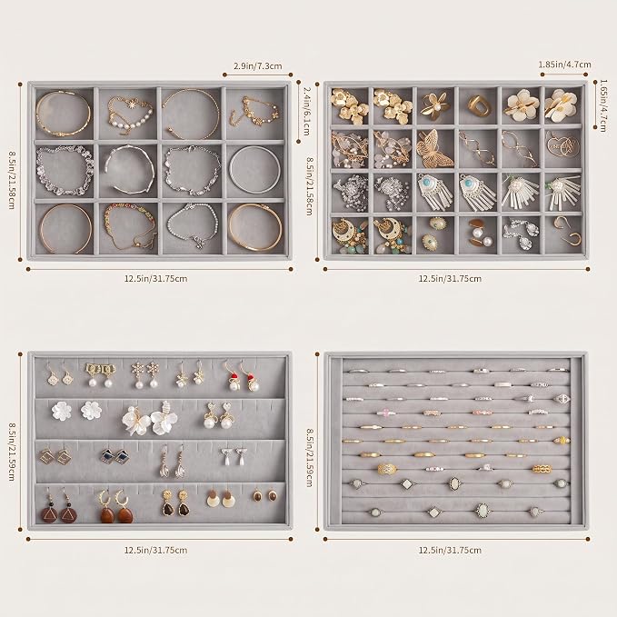 Jewelry Trays for Drawer,Set of 4 Jewelry Organizer and Storage | Velvet Material,Stackable,Adjustable Dividers,Drawer Inserts for Rings Studs Bracelet,Earring Organizer for Women Girls