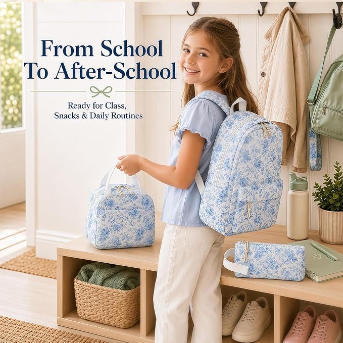 Bluboon Teens Backpack Set Girls School Backpack Lunch Box Pencil Bags Student Bookbags 3 in 1 (Blue Toile Floral 231)