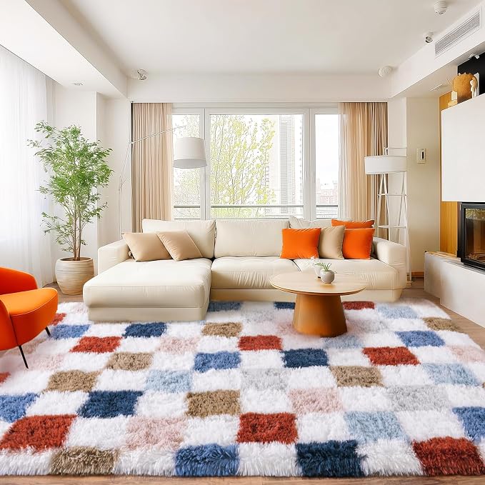 Area Rugs for Living Room 8x10, Ultra Fluffy Shag Checkered Rug Modern Washable Carpet Soft Shaggy Non Slip Indoor Plush Fuzzy Rugs for Bedroom Dorm Office Home Aesthetic Decor, Red and Blue Colorful