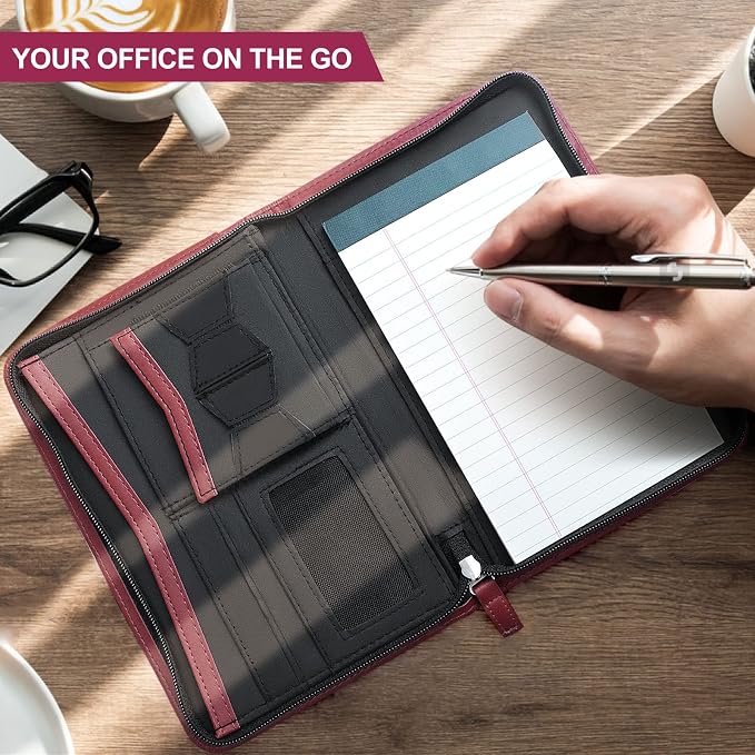 Mini Leather Zippered Padfolio Portfolio Binder 5 x 8 Legal Writing Pad, Professional Business Portfolio for Men & Women, Card Holder, Notepad Clipboard Holder, Red