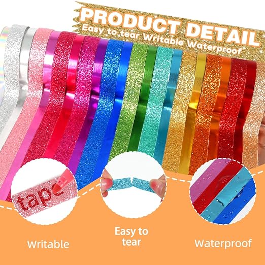 Metallic Glitter Washi Tape - 24 Rolls Thin Colored Masking Tape Set, 6mm/10mm Decorative Tapes for Bullet Journal, Scrapbook, Christmas DIY Crafts, Gift Packaging