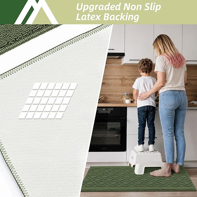 COSY HOMEER 48x20 Inch/30X20 Inch Kitchen Rug Mats Made of 100% Polypropylene 2 Pieces Soft Kitchen Mat Specialized in Anti Slippery and Machine Washable for Home Kitchen,Green