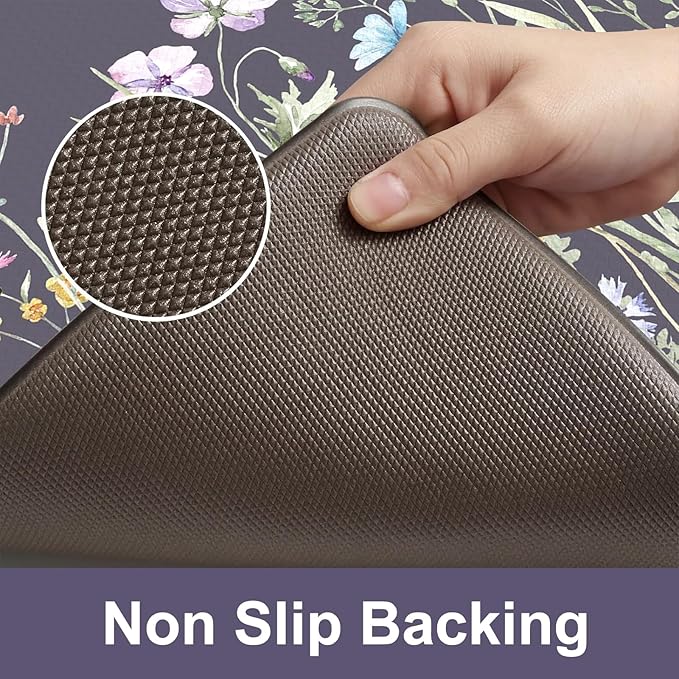 KIMODE Anti Fatigue Kitchen Mats for Floor, 20"x47"+20"x32" Farmhouse Kitchen Rugs Sets of 2, Padded Kitchen Floor Mats, Comfort Standing Mats for Sink, Laundry, Office, Desk Dark Grey/Purple